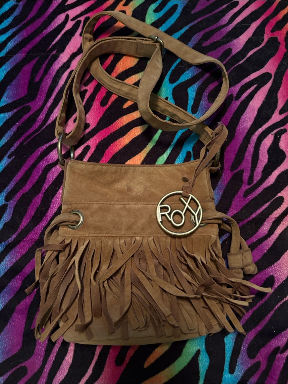 Roxy Brown Suede Fringe Shoulder Bag with Logo Charm